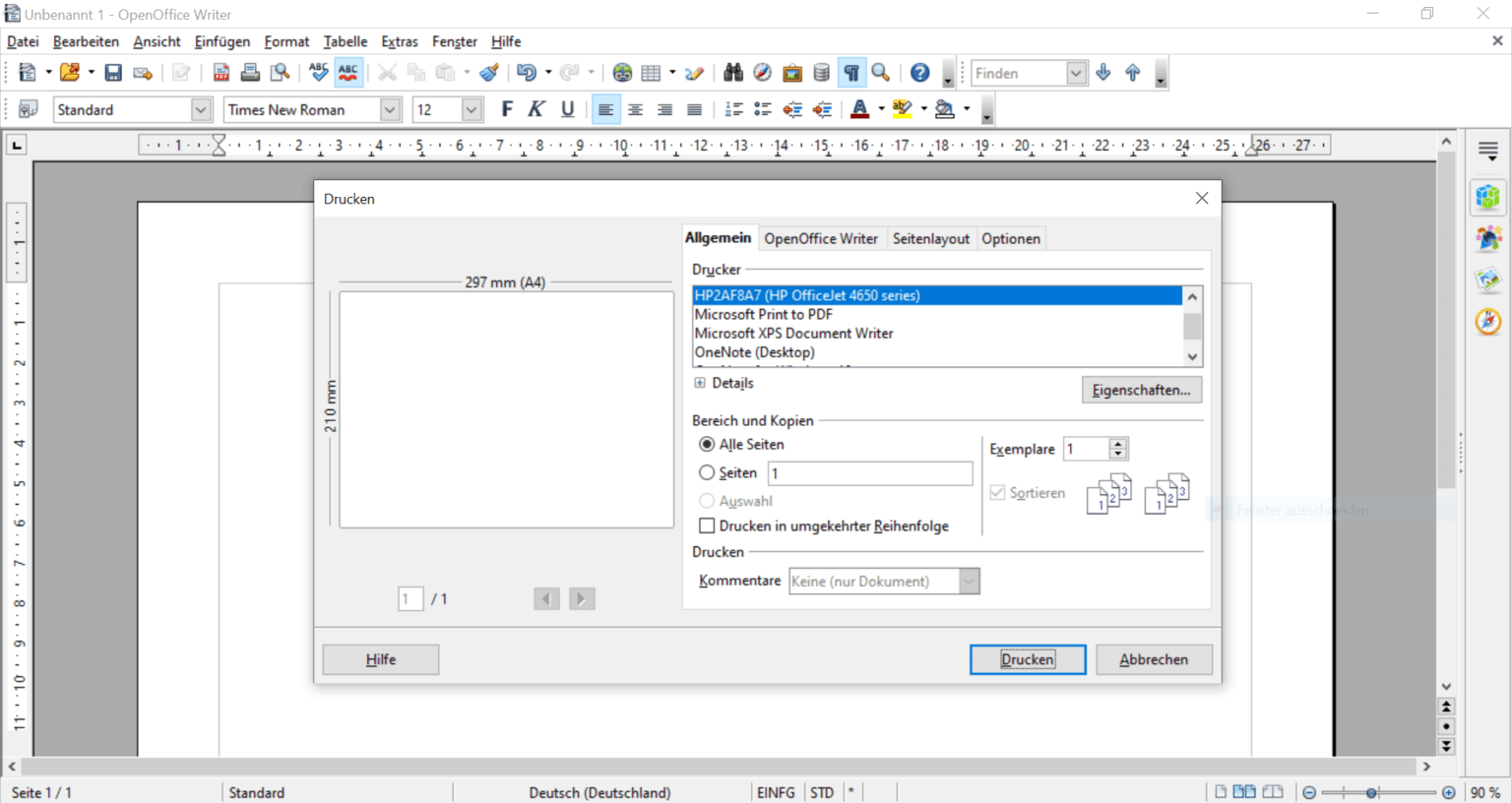 Open office querformat einstellen