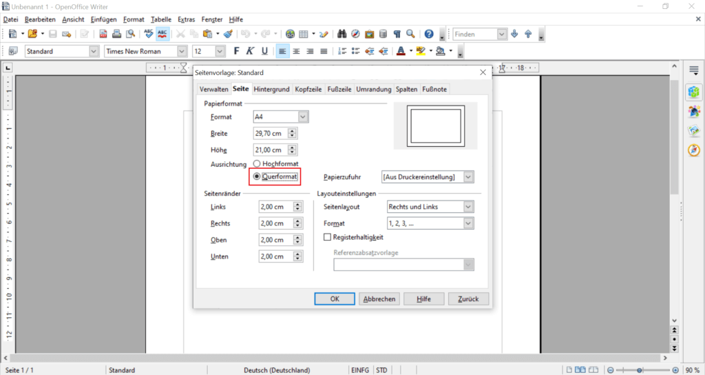 In Open Office das Querformat einstellen
