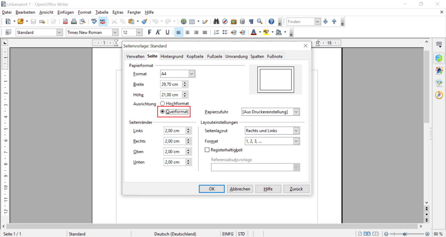 Open office querformat einstellen