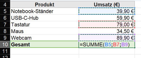 Excel: Einzelne Zellen manuell addieren