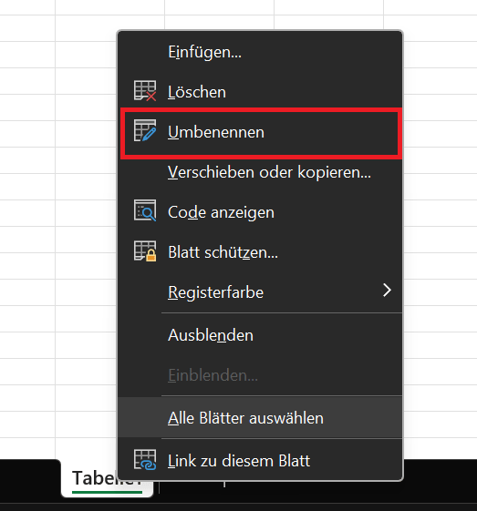 Tabellenblatt im Excel-Menü umbenennen