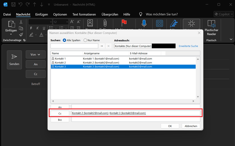 Kontakte in Outlook auswählen und für Cc verwenden