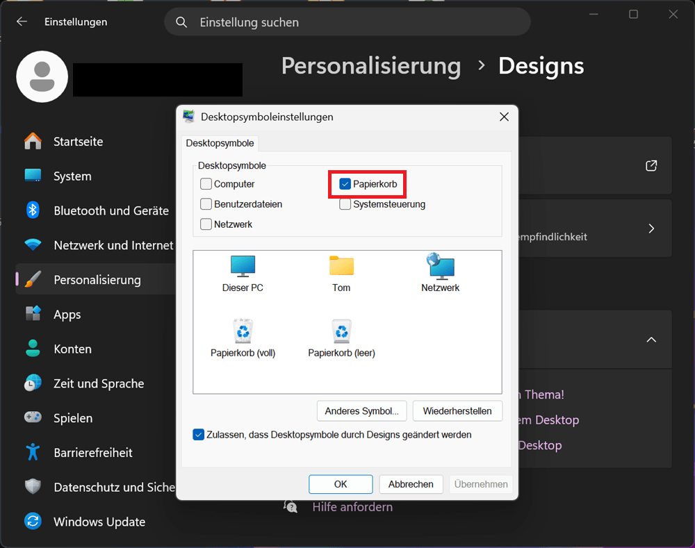 Papierkorb-Symbol in den Windows 11 Desktopsymboleinstellungen aktivieren