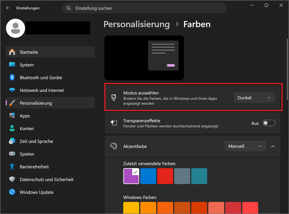 Dark Mode in den Windows 11 Einstellungen aktivieren