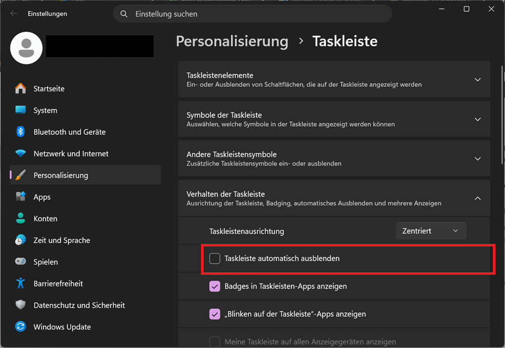 Taskleiste in den Windows 11-Einstellungen automatisch ausblenden