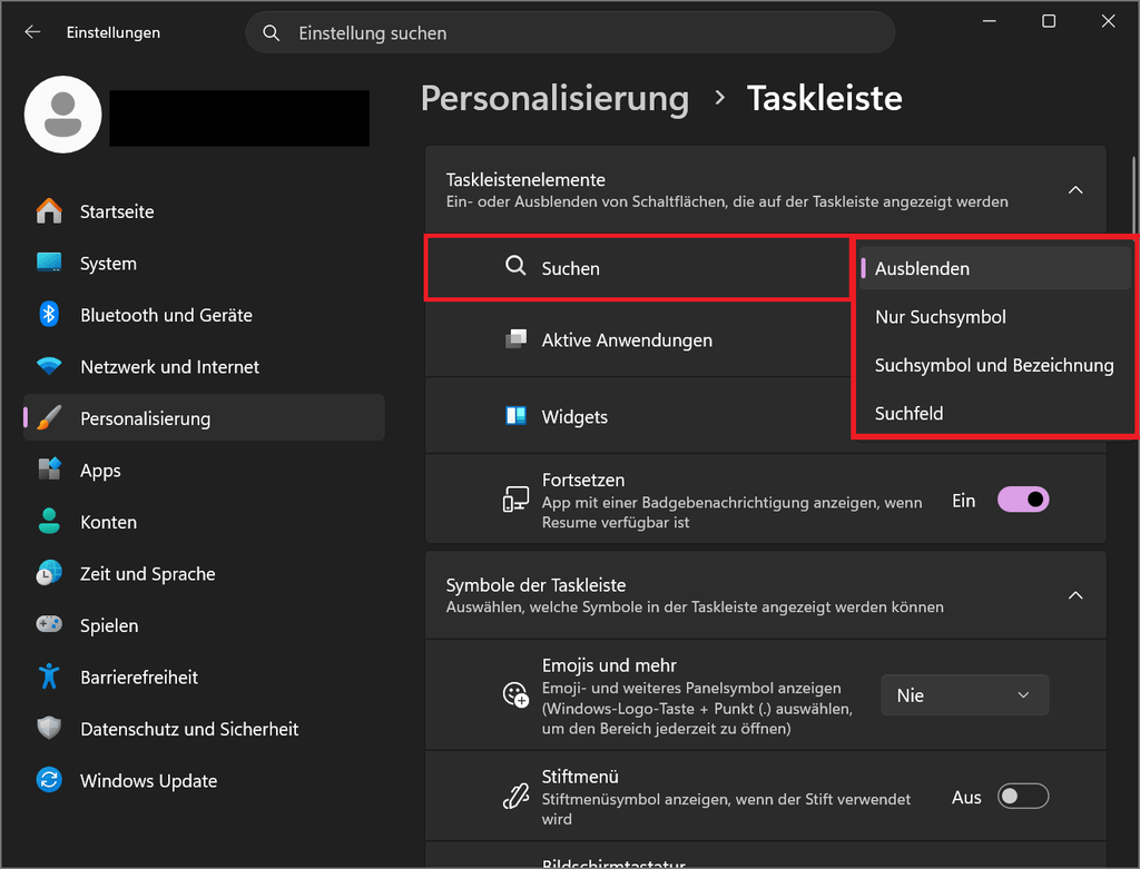 Windows 11 Einstellungen: Suchfeld in der Taskleiste aktivieren