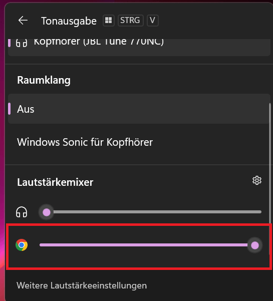 Lautstärke einer einzelnen App in der Windows 11 Tonausgabe ändern