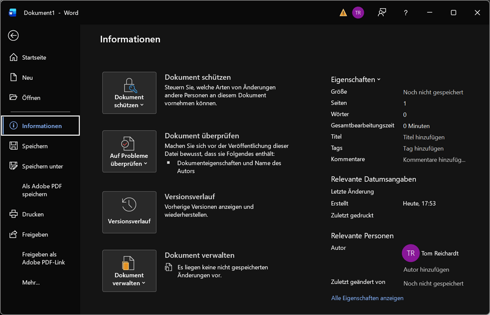 Informationen und Dokumenteigenschaften in Word.